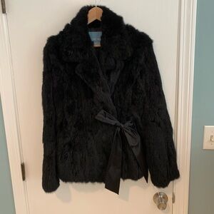 Nine West Black Rabbit Fur Jacket with Satin Bow